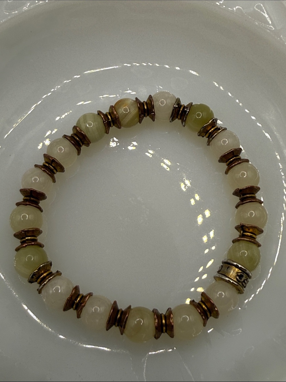 CFC signed Green and Cream Beaded Stretch gemstone bracelet neutral green beige